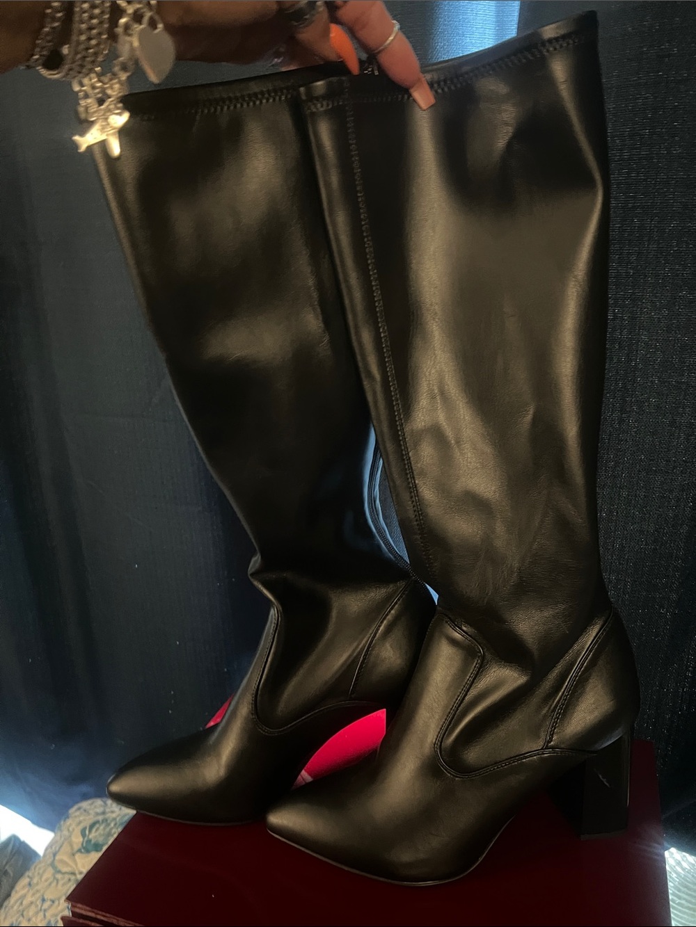 Franco Sarto Black Knee-High Leather Boots with Block Heel